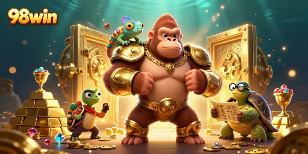Experience exhilarating wins with 98win's powerful casino characters in a vibrant treasure scene.