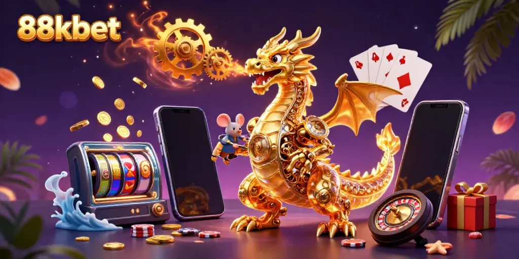Experience thrilling gameplay with 88kbet's vivid illustration of a dragon and casino elements amidst vibrant colors.