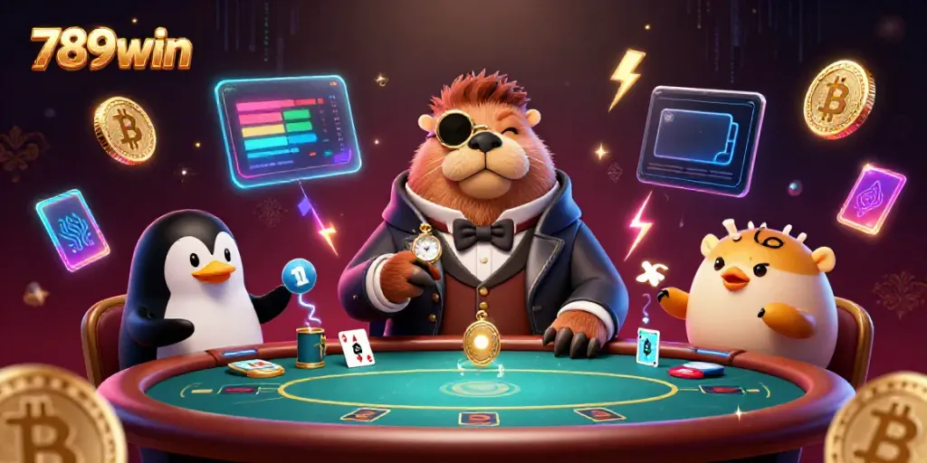 Engage in poker with the vibrant 789win walrus, penguin dealer, and fish player amidst crypto elements.