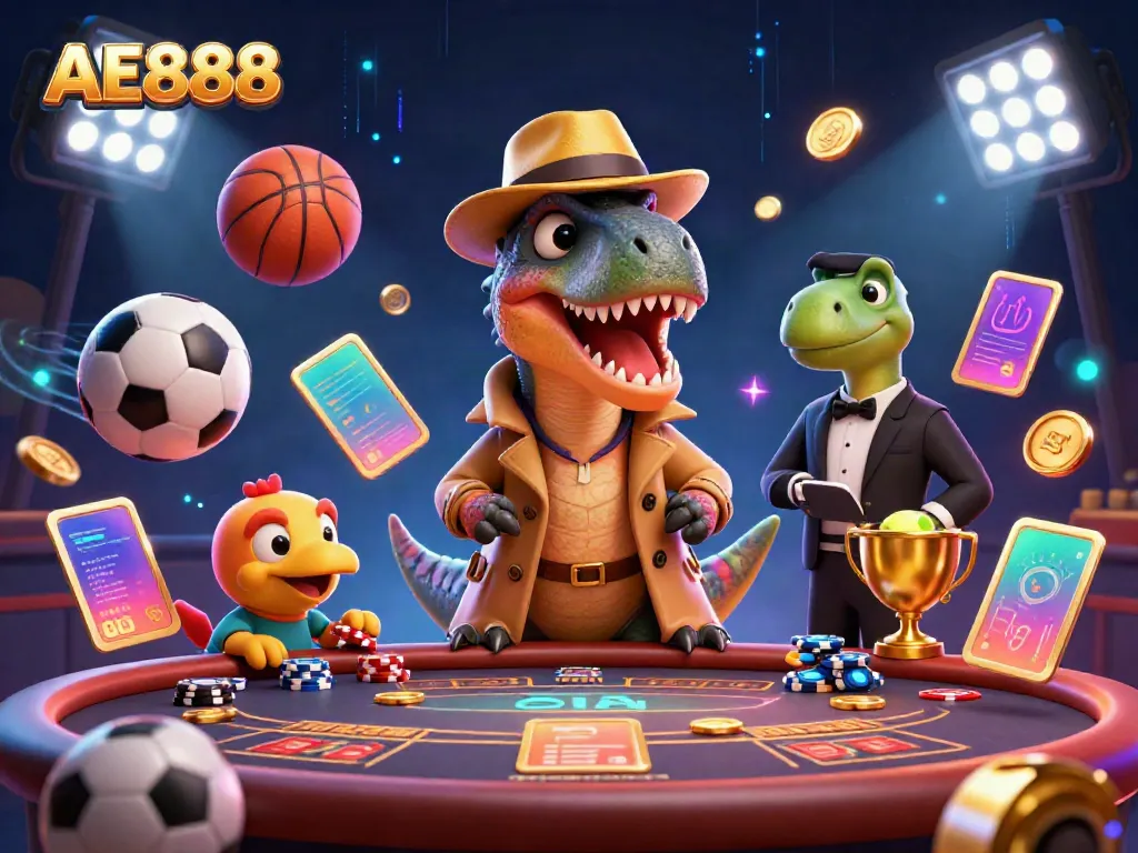 Experience the thrilling gameplay at AE888 with a cadre of dynamic characters engaging in an action-packed casino scene.