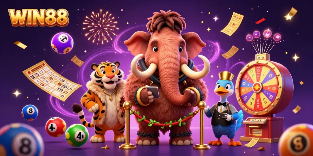 Engage in the lively WIN88 casino experience featuring a mammoth bouncer, VIP saber-tooth tiger, and vibrant game elements.