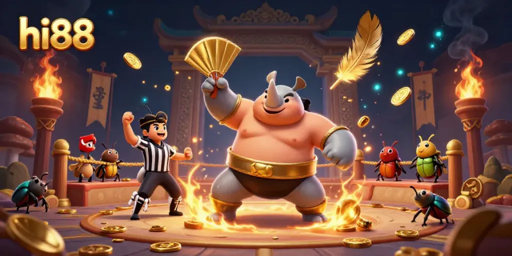 Experience the excitement of hi88 as a rhinoceros beetle champion stomps for victory amidst flying gold coins.