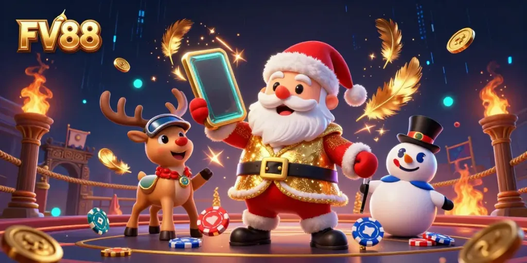 Experience the vibrant world of FV88 with Santa Claus celebrating jackpots in a dynamic casino atmosphere.