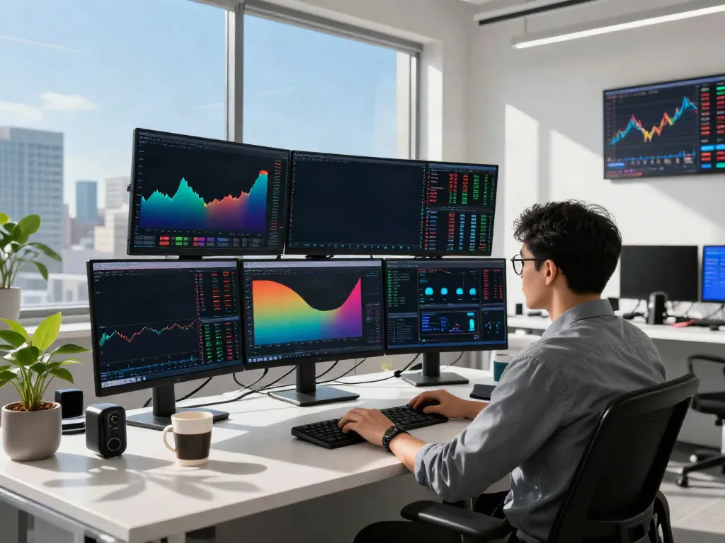 Trader using TradingView in a modern office with multiple screens displaying market data.