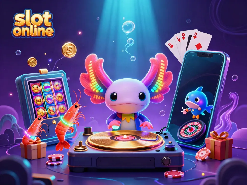 Spin the reels with vibrant slot online gaming scene featuring a neon axolotl DJ and dynamic sea creatures.