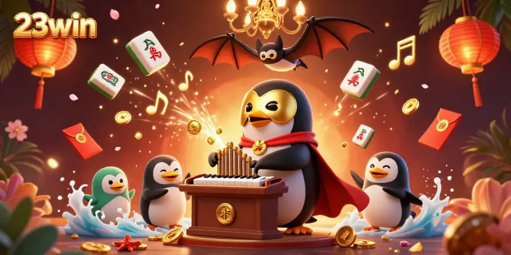 Win big at 23win while the 3D penguin plays the organ that releases golden coins in this exciting casino illustration.