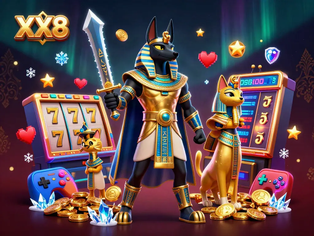 Engage in thrilling slot gameplay with XX8 featuring Anubis jackal and Bastet in a vibrant casino