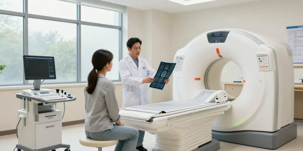 Professionelle radiologische Untersuchung im Diagnostikzentrum Wolfsburg mit Arzt und Patient.