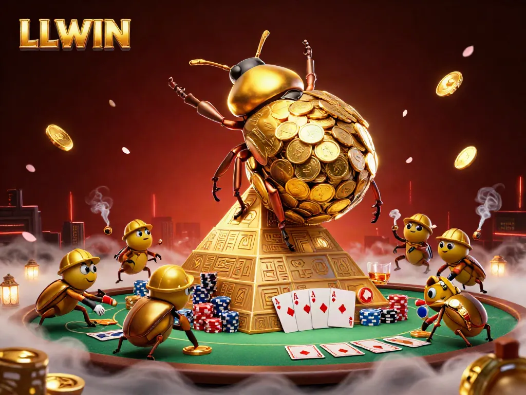 Experience exciting gameplay at LLWIN with a vibrant illustration of a golden dung beetle in a casino environment.
